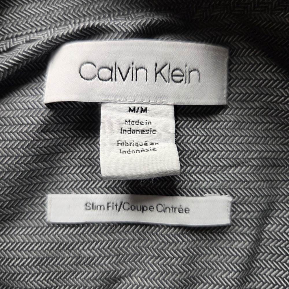 Calvin Klein Dress Shirt Mens M Gray Herringbone Slim Fit Long Sleeve Woven - Picture 6 of 9